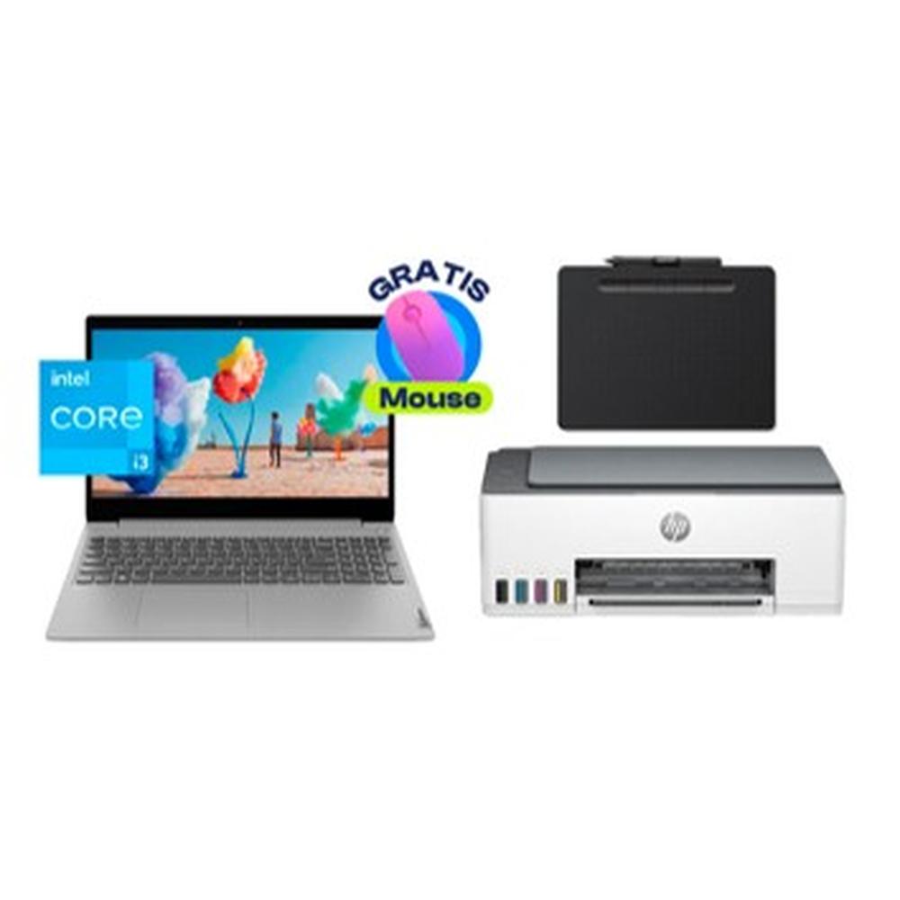 COMBO LAPTOP LENOVO IDEAPAD 3 CORE I3 + IMPRESORA HP SMART TANK 580 + TABLETA GRÁFICA WACOM INTUOS S