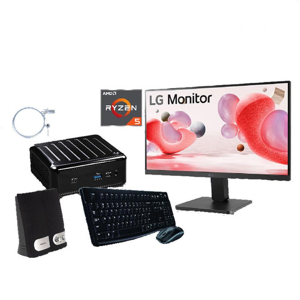 COMBO MINI PC ASROCK RYZEN 5 + MONITOR LG 21.5” + KIT TECLADO/MOUSE + PARLANTES + CABLE SEGURIDAD