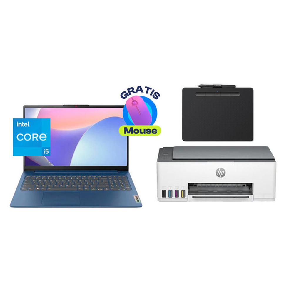 COMBO LAPTOP LENOVO IDEAPAD SLIM 3 CORE I5 + IMPRESORA HP SMART TANK 580 + TABLETA GRÁFICA WACOM INTUOS S