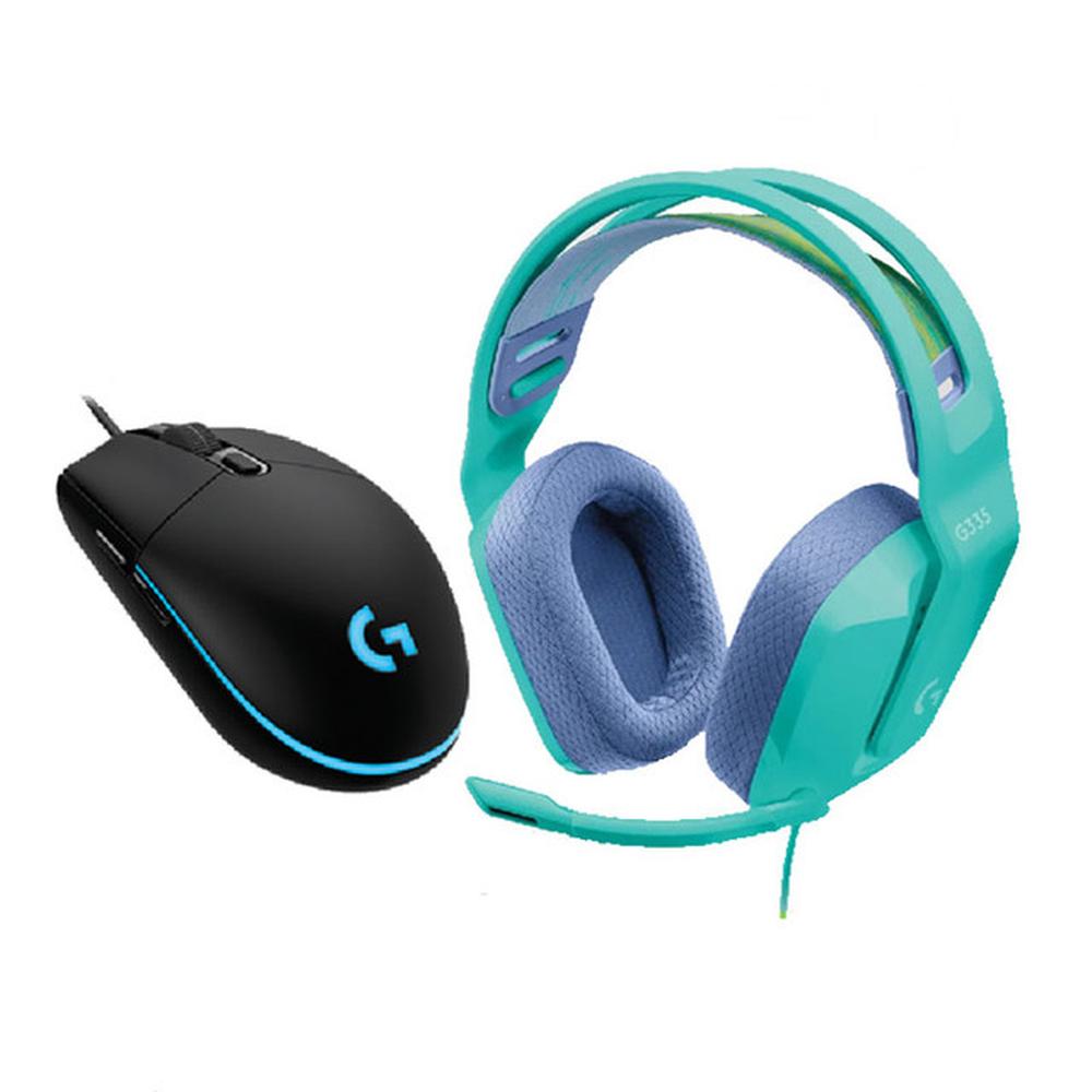 COMBO MOUSE GAMING LOGITECH G PRO RGB 100-25600 DPI NEGRO + AUDÍFONOS GAMING LOGITECH G335 3.5MM VERDE AGUA/LILA