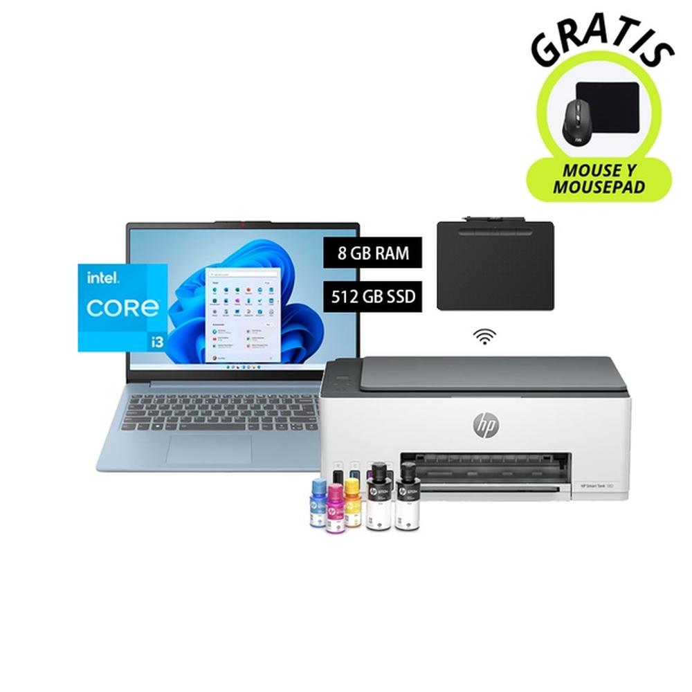 LAPTOP LENOVO PROCESADOR INTEL CORE I3 + IMPRESORA MULTIFUNCIONAL HP SMART TANK 580 + TABLETA GRAFICA WACOM BLUETOOTH