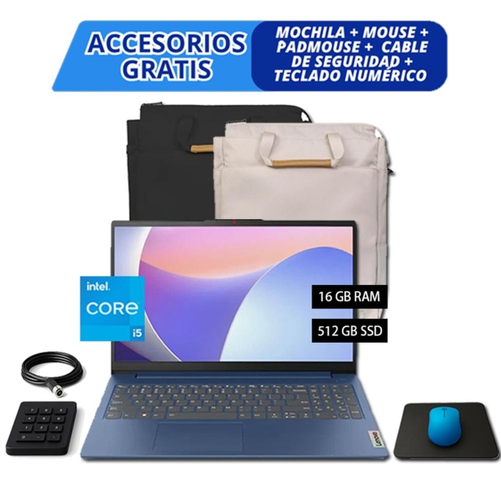 COMBO LAPTOP LENOVO IDEAPAD SLIM 3 83ER001DLM – I5-12450H, 16GB, 512GB SSD, AZUL + ACCESORIOS GRATIS (MOCHILA, MOUSE, PAD, CABLE DE SEGURIDAD Y TECLADO NUMÉRICO)