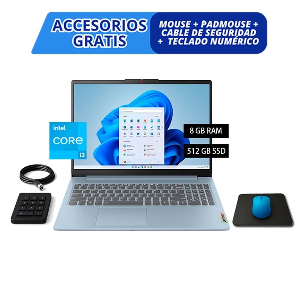 COMBO LAPTOP LENOVO IDEAPAD SLIM 3 15IAN8 – I3-N305, 8GB, 512GB SSD, CELESTE + ACCESORIOS GRATIS (MOUSE, PAD, CABLE Y TECLADO NUMÉRICO)