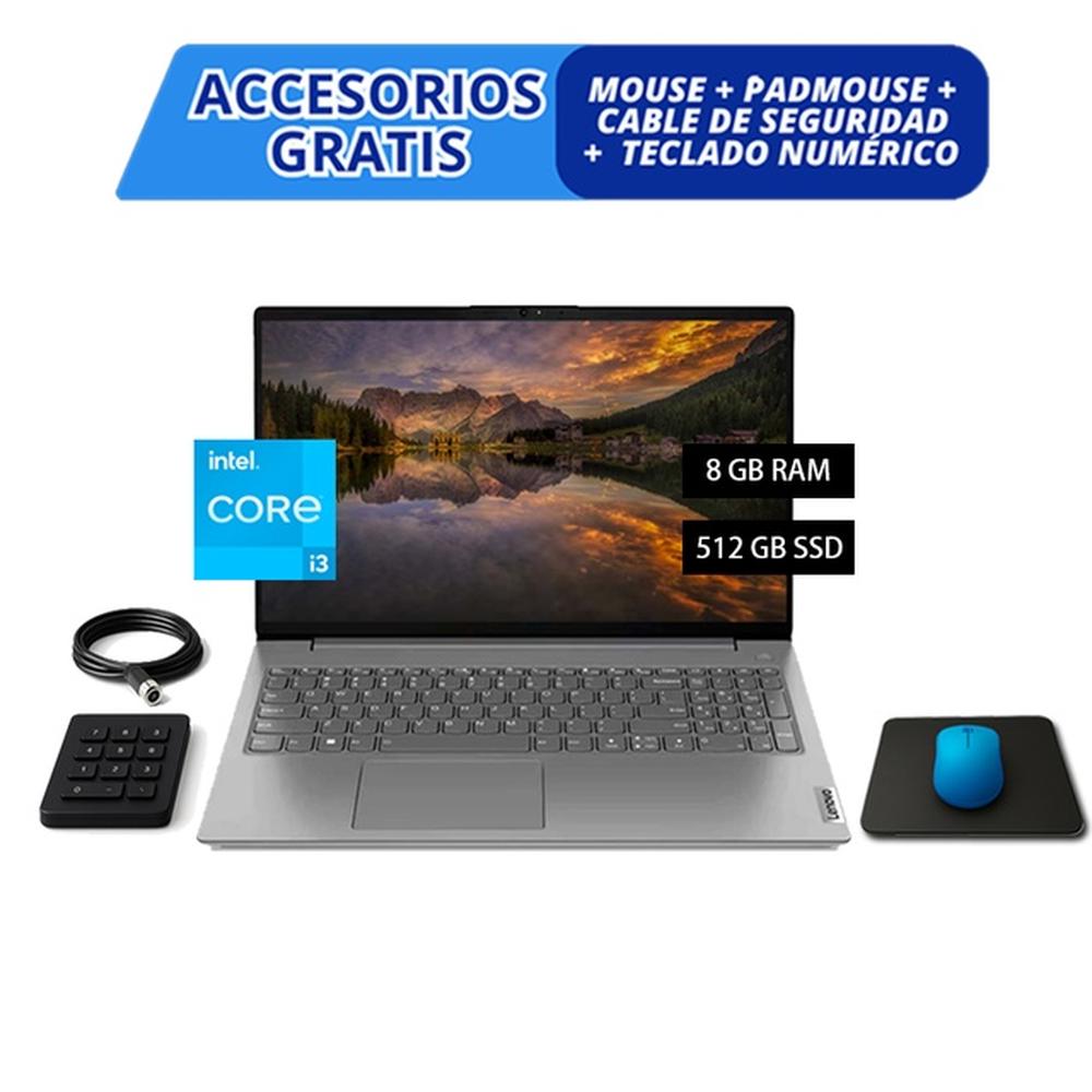 COMBO LAPTOP LENOVO V15 G4 IRU – I3-1315U, 8GB, 512GB SSD, GRIS + ACCESORIOS GRATIS (MOUSE, PAD, CABLE DE SEGURIDAD Y TECLADO NUMÉRICO)