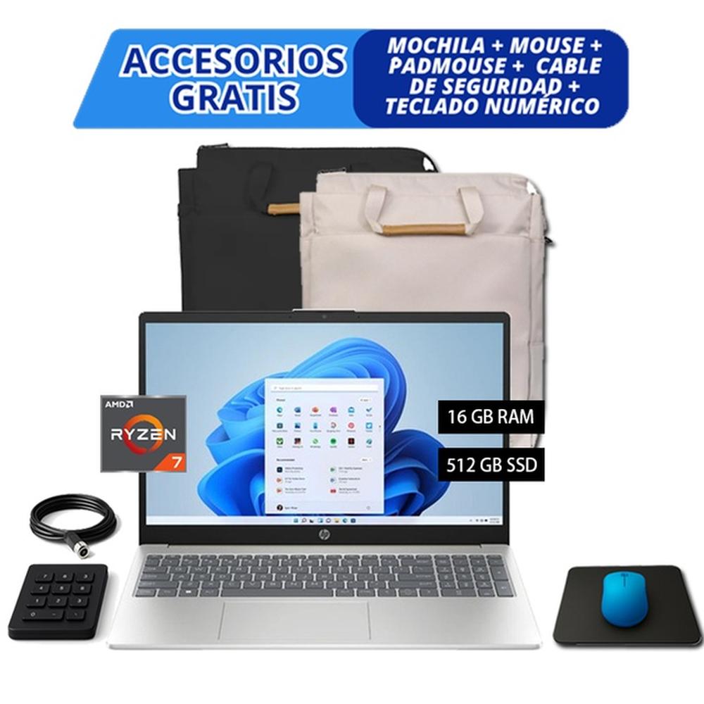COMBO LAPTOP HP 15-FC0012LA – RYZEN 7-7730U, 16GB, 512GB SSD, PLATA + ACCESORIOS GRATIS (MOCHILA, MOUSE, PAD, CABLE DE SEGURIDAD Y TECLADO NUMÉRICO)