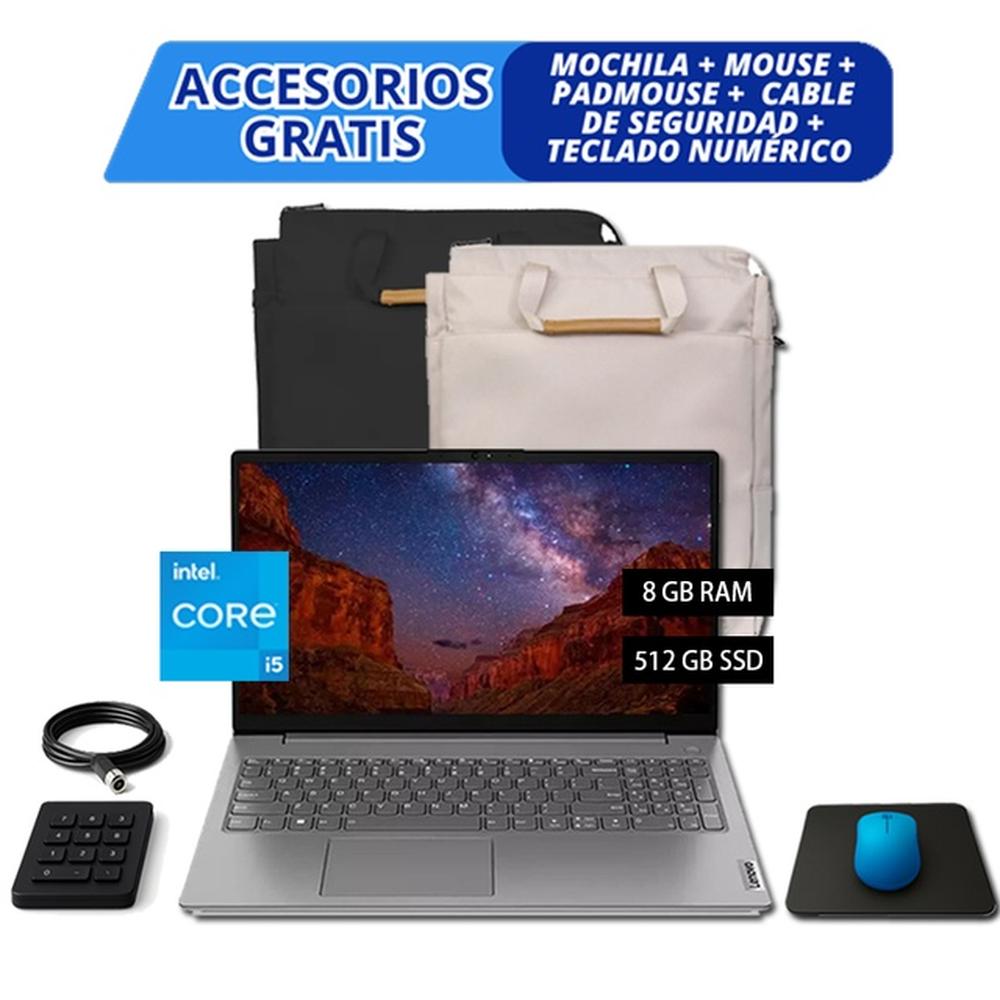 COMBO LAPTOP LENOVO V15 G4 IRU – I5-13420H, 8GB, 512GB SSD, GRIS + ACCESORIOS GRATIS (MOCHILA, MOUSE, PAD, CABLE DE SEGURIDAD Y TECLADO NUMÉRICO)