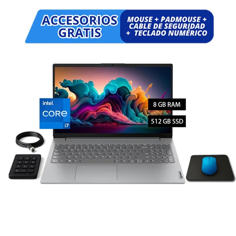 COMBO LAPTOP LENOVO V15 G4 IRU – I7-13620H, 8GB, 512GB SSD, GRIS + ACCESORIOS GRATIS (MOUSE, PAD, CABLE DE SEGURIDAD Y TECLADO NUMÉRICO)