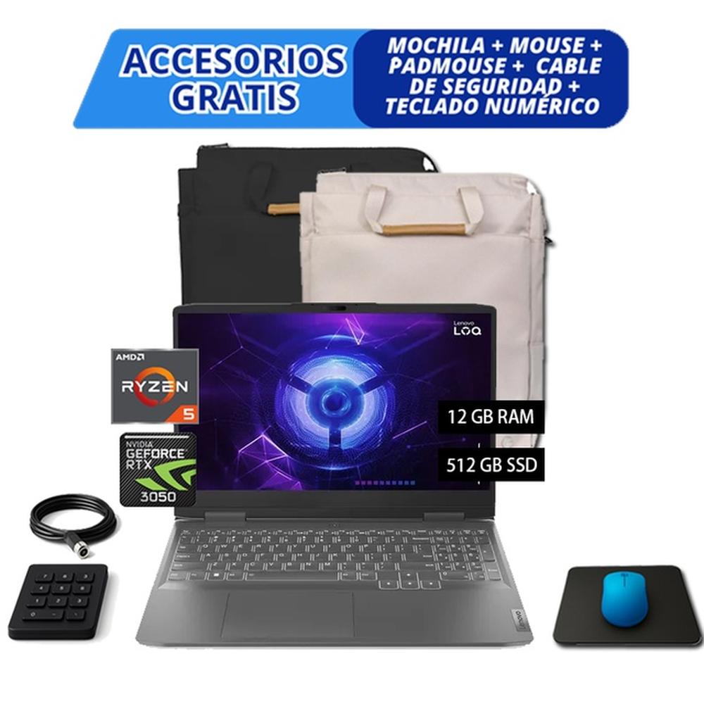 COMBO LAPTOP GAMER LENOVO LOQ 15ARP9 – RYZEN 5-7235HS, 12GB, 512GB SSD, RTX 3050 6GB, LUNA GREY + ACCESORIOS (MOCHILA, MOUSE, PAD, CABLE DE SEGURIDAAD Y TECLADO NUMÉRICO)