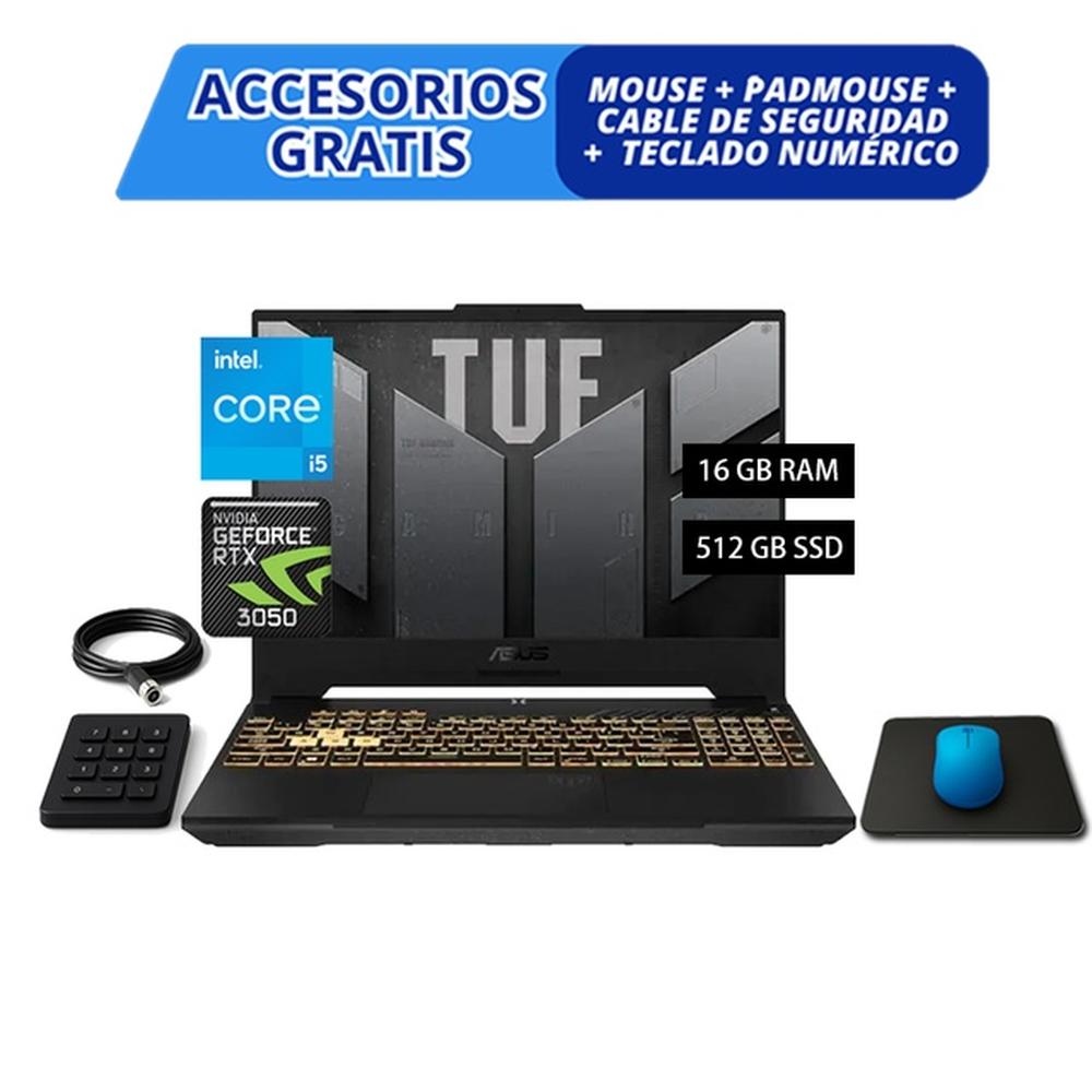COMBO LAPTOP GAMER ASUS FX607VJ-RL009 – CORE 5 210H, 16GB, 512GB SSD, RTX 3050 6GB, NEGRO + ACCESORIOS GRATIS (MOUSE, PAD, CABLE DE SEGURIDAD Y TECLADO NUMÉRICO)