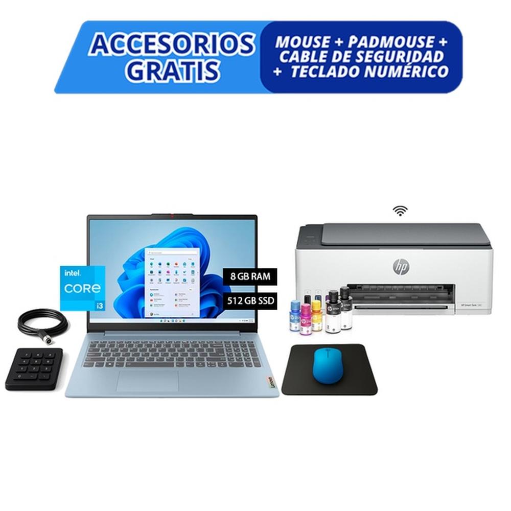 COMBO HARDTECH LAPTOP LENOVO IDEAPAD SLIM 3 15IAN8 – I3-N305, 8GB, 512GB SSD, CELESTE + IMPRESORA HP SMART TANK 580 (WIFI, BLUETOOTH, USB, B/N) + ACCESORIOS GRATIS