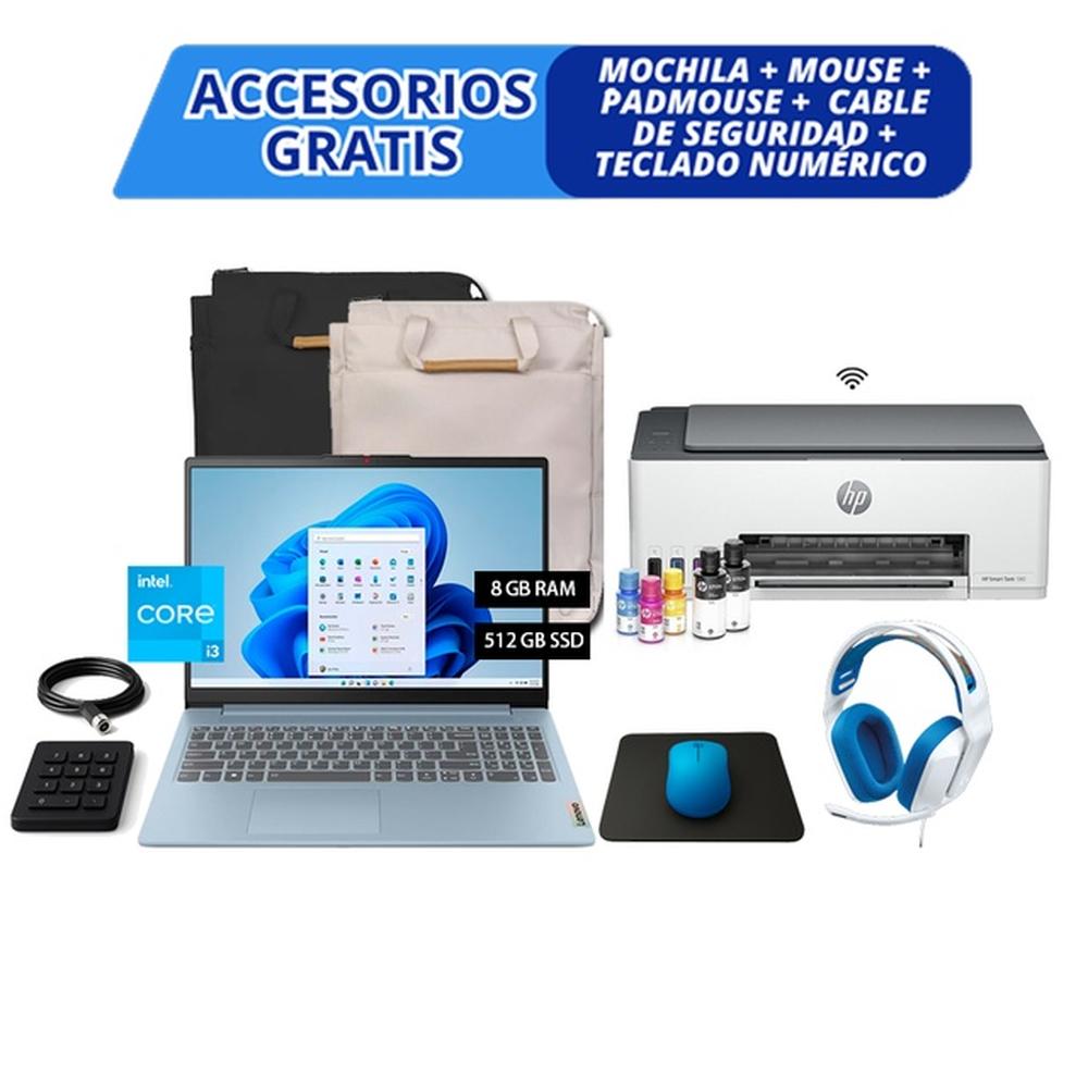 COMBO HARDTECH LAPTOP LENOVO IDEAPAD SLIM 3 15IAN8 – I3-N305, 8GB, 512GB SSD, CELESTE + IMPRESORA HP SMART TANK 580 (WIFI, BLUETOOTH, USB, B/N) + AUDÍFONOS GAMING LOGITECH G335 (BLANCO/AZUL) + ACCESORIOS GRATIS