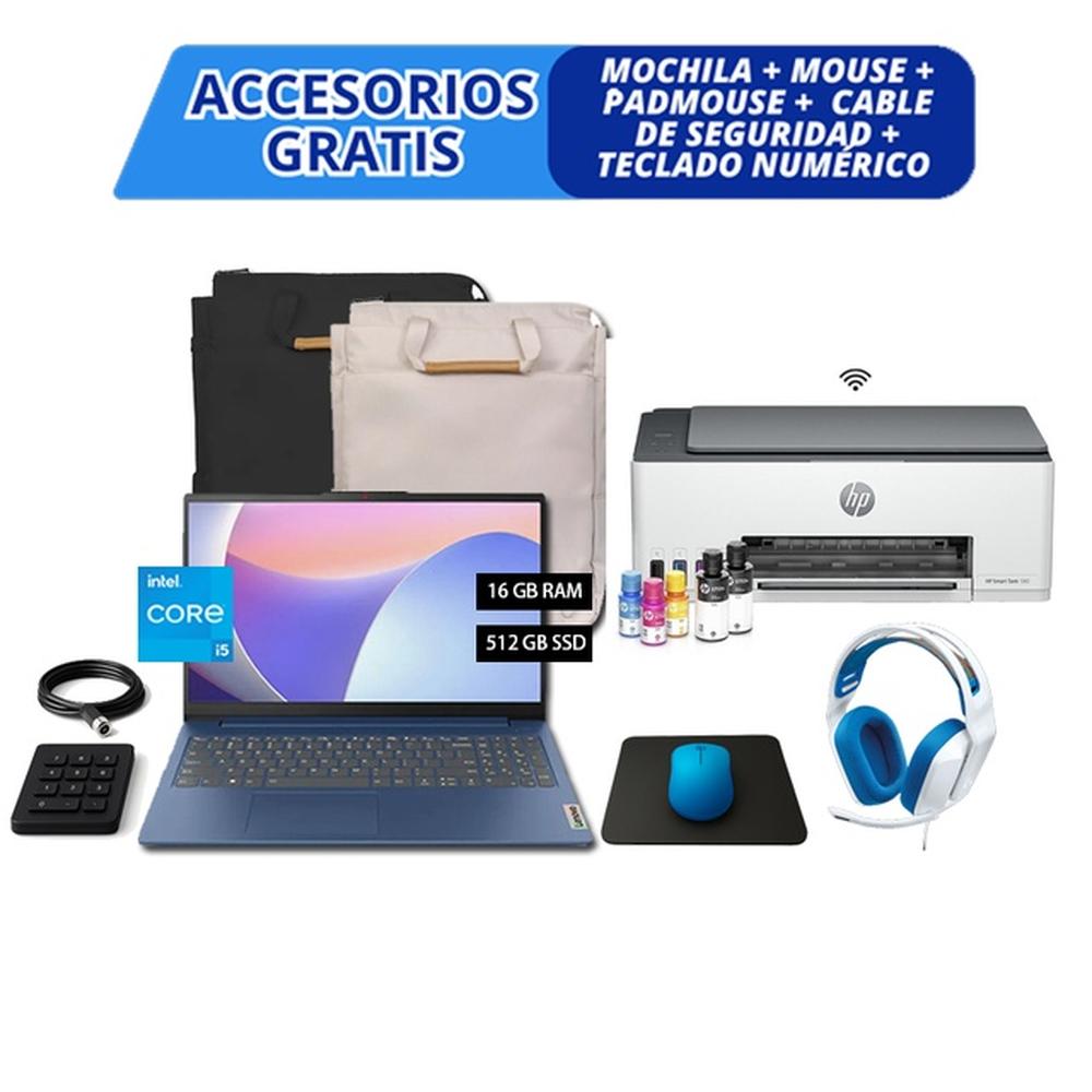 COMBO HARDTECH LAPTOP LENOVO IDEAPAD SLIM 3 – I5-12450H, 16GB, 512GB SSD, AZUL + IMPRESORA HP SMART TANK 580 (WIFI, BLUETOOTH, USB, B/N) + AUDÍFONOS GAMING LOGITECH G335 (BLANCO/AZUL) + ACCESORIOS GRATIS