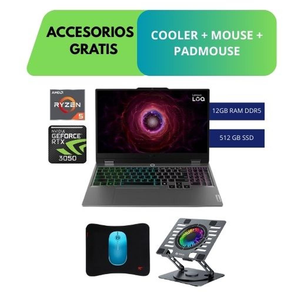 COMBO LAPTOP GAMER LENOVO LOQ 15ARP9 – RYZEN 5-7235HS, 12GB, 512GB SSD, RTX 3050 6GB, LUNA GREY + ACCESORIOS (COOLER, MOUSE Y PADMOUSE)