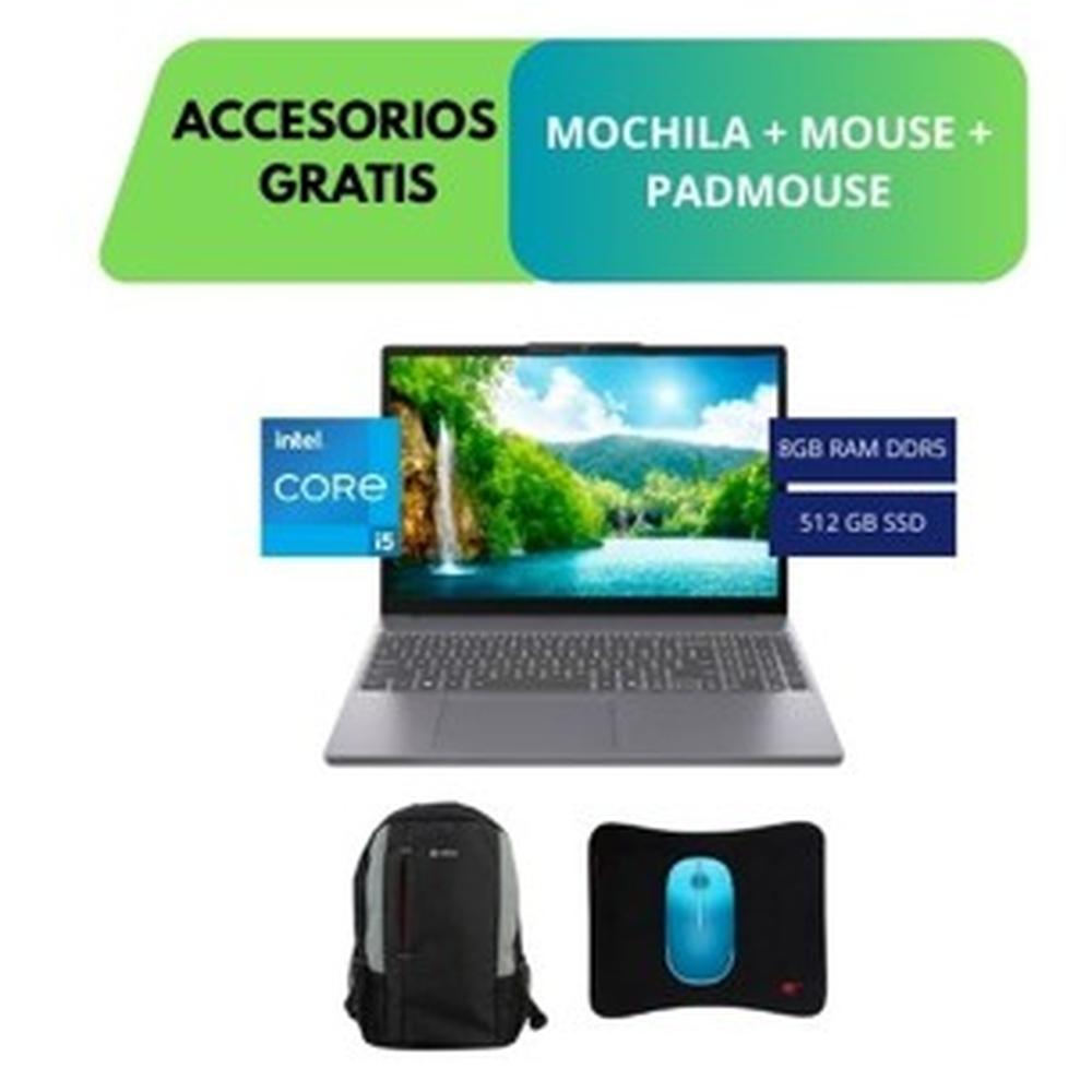LAPTOP LENOVO IDEAPAD SLIM 3 15IRH10, 15,3 WUXGA, INTEL CORE I5-13420H HASTA 4.6GHZ, 8GB DDR5 4800MHZ, 512GB SSD, TECLADO EN ESPAÑOL, COLOR GRIS + ACCESORIOS GRATIS (MOCHILA, MOUSE Y PADMOUSE)