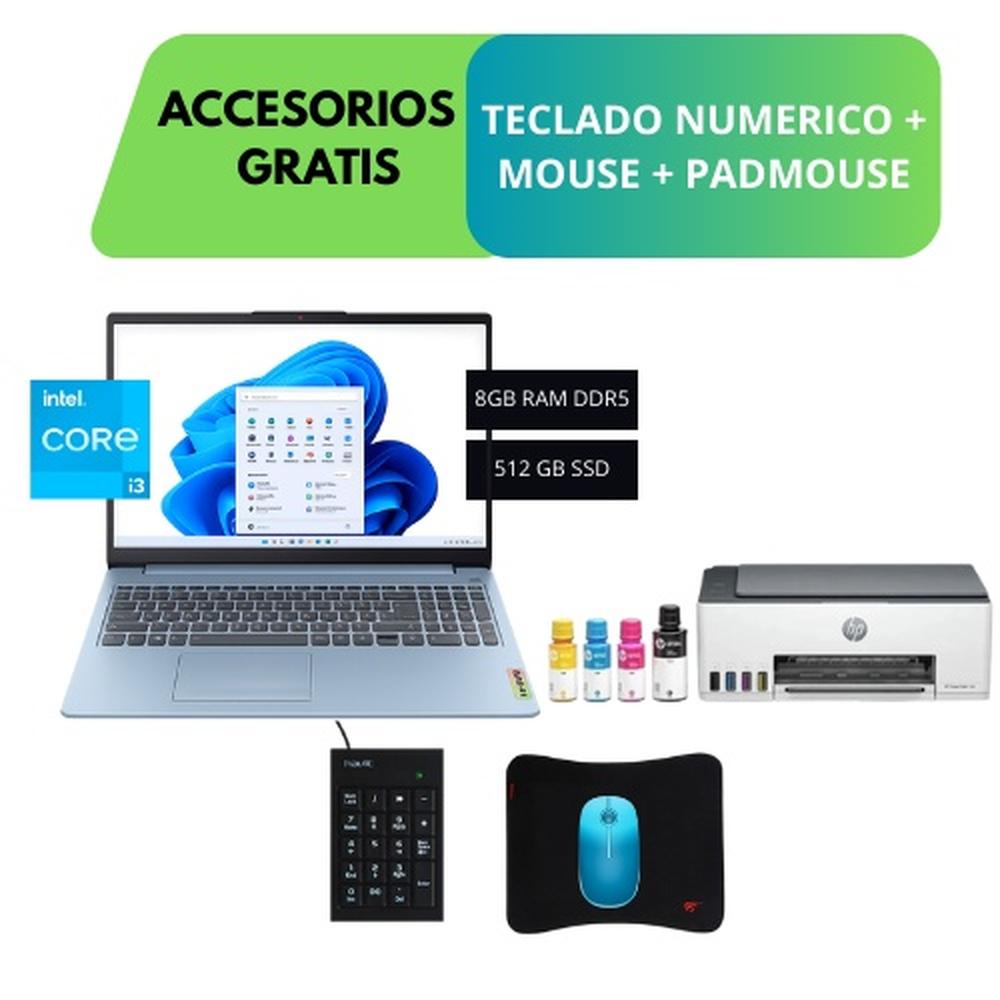 COMBO HARDTECH LAPTOP LENOVO IDEAPAD SLIM 3 15IAN8 – I3-N305, 8GB, 512GB SSD, CELESTE + IMPRESORA HP SMART TANK 580 (WIFI, BLUETOOTH, USB, B/N) + ACCESORIOS GRATIS