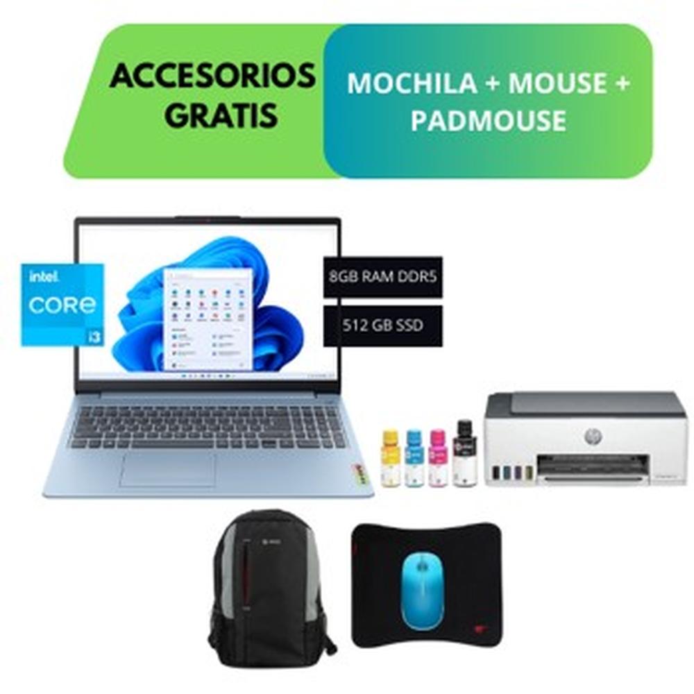 COMBO HARDTECH LAPTOP LENOVO IDEAPAD SLIM 3 15IAN8 – I3-N305, 8GB, 512GB SSD, CELESTE + IMPRESORA HP SMART TANK 580 (WIFI, BLUETOOTH, USB, B/N) + AUDÍFONOS GAMING + ACCESORIOS GRATIS