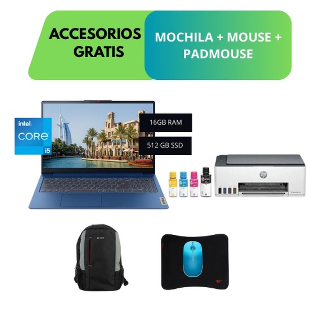 COMBO HARDTECH LAPTOP LENOVO IDEAPAD SLIM 3 – I5-12450H, 16GB, 512GB SSD, AZUL + IMPRESORA HP SMART TANK 580 (WIFI, BLUETOOTH, USB, B/N) + ACCESORIOS GRATIS