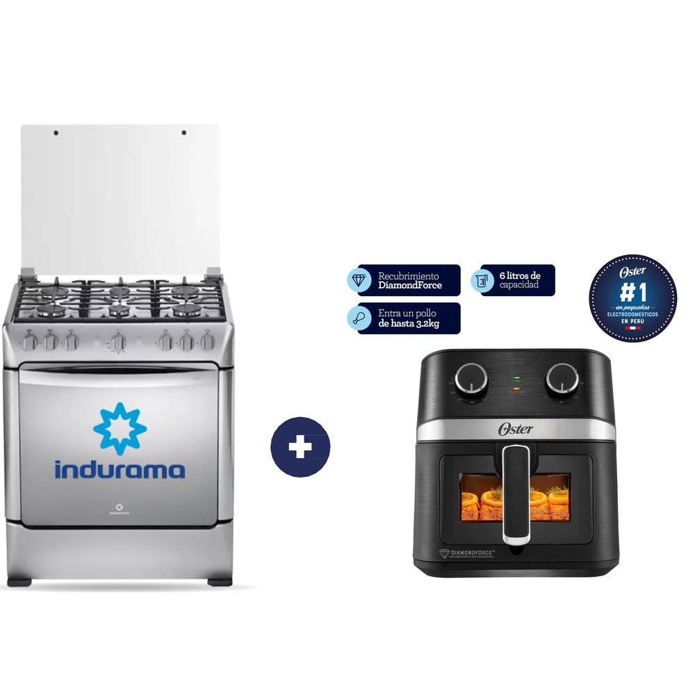 COCINA INDURAMA 30" 6 HORNILLAS PARMA + INSTALACIÓN GRATIS + FREIDORA DE AIRE DIGITAL OSTER CKSTAF40WDDF 4L