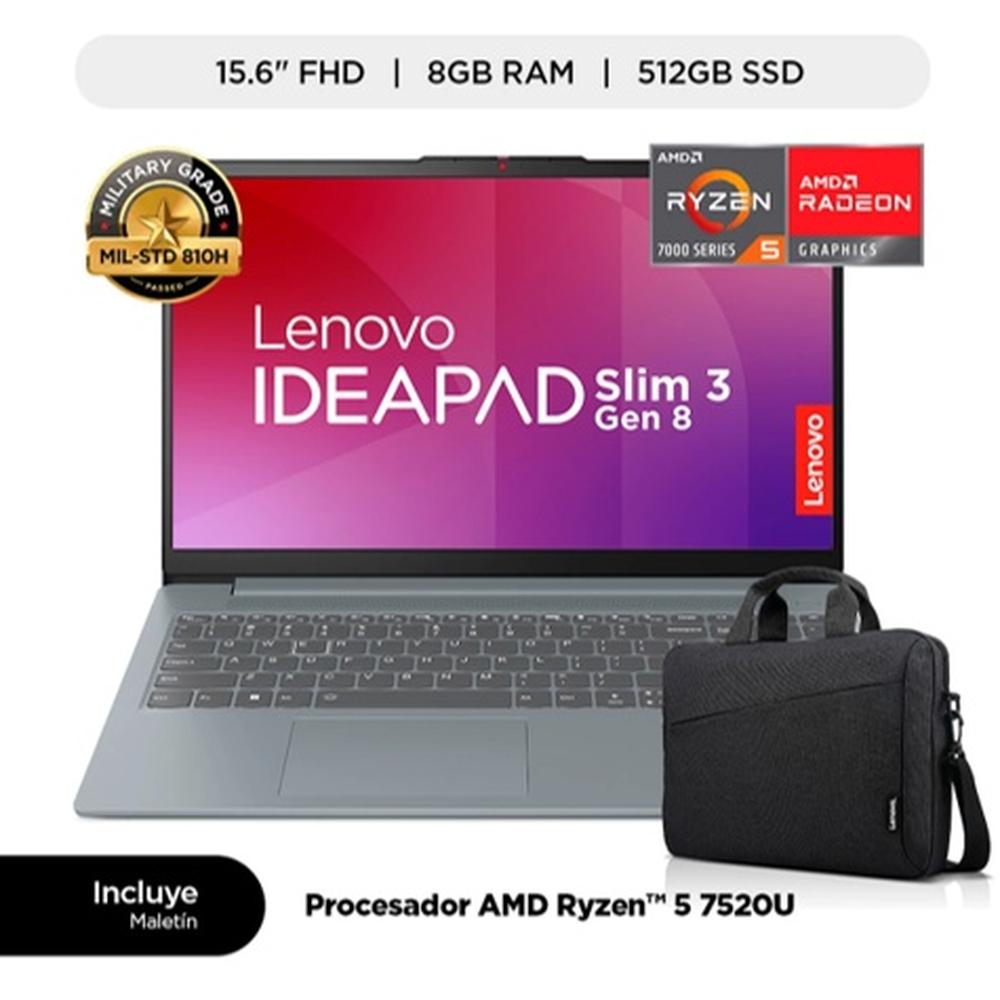 LAPTOP LENOVO IDEAPAD SLIM 3 AMD RYZEN5 7520U(4N/8SUB), 8GB, 512GB SSD, 15.6" FHD, WINDOWS 11, COLOR: ARCTIC GREY + MALETIN LENOVO.