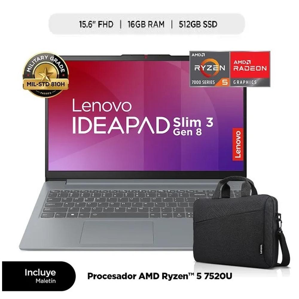 LAPTOP LENOVO IDEAPAD SLIM 3 AMD RYZEN5 7520U 2.8/4.3GHZ, 16GB, 512GB DDR5 SSD, 15.6" FHD, WINDOWS 11, COLOR: ARCTIC GREY