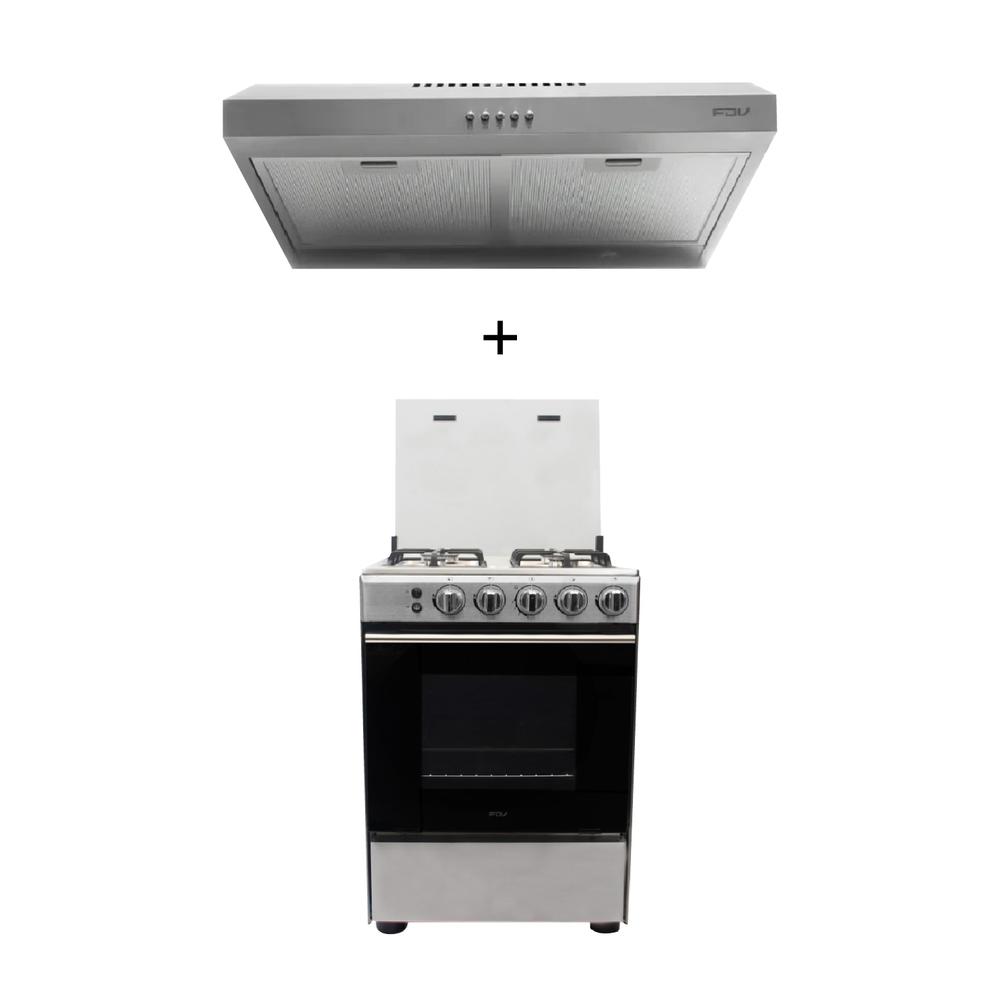 COMBO COCINA DE PIE FDV 4 HORNILLAS CLASS 60 + CAMPANA EXTRACTORA CLASS 60 INOX