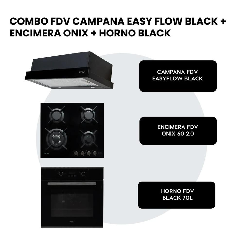 ENCIMERA A GAS NATURAL 60CM ONIX 2.0 + HORNO A GAS NATURAL 70L BLACK + CAMPANA EXTRAÍBLE 60CM EASYFLOW BLACK + CONEXIÓN