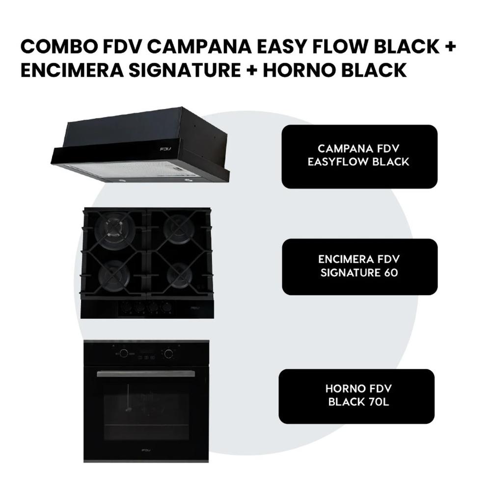 ENCIMERA A GAS NATURAL 60CM SIGNATURE + HORNO A GAS NATURAL 70L BLACK + CAMPANA EXTRAÍBLE EASYFLOW BLACK 60 + CONEXIÓN