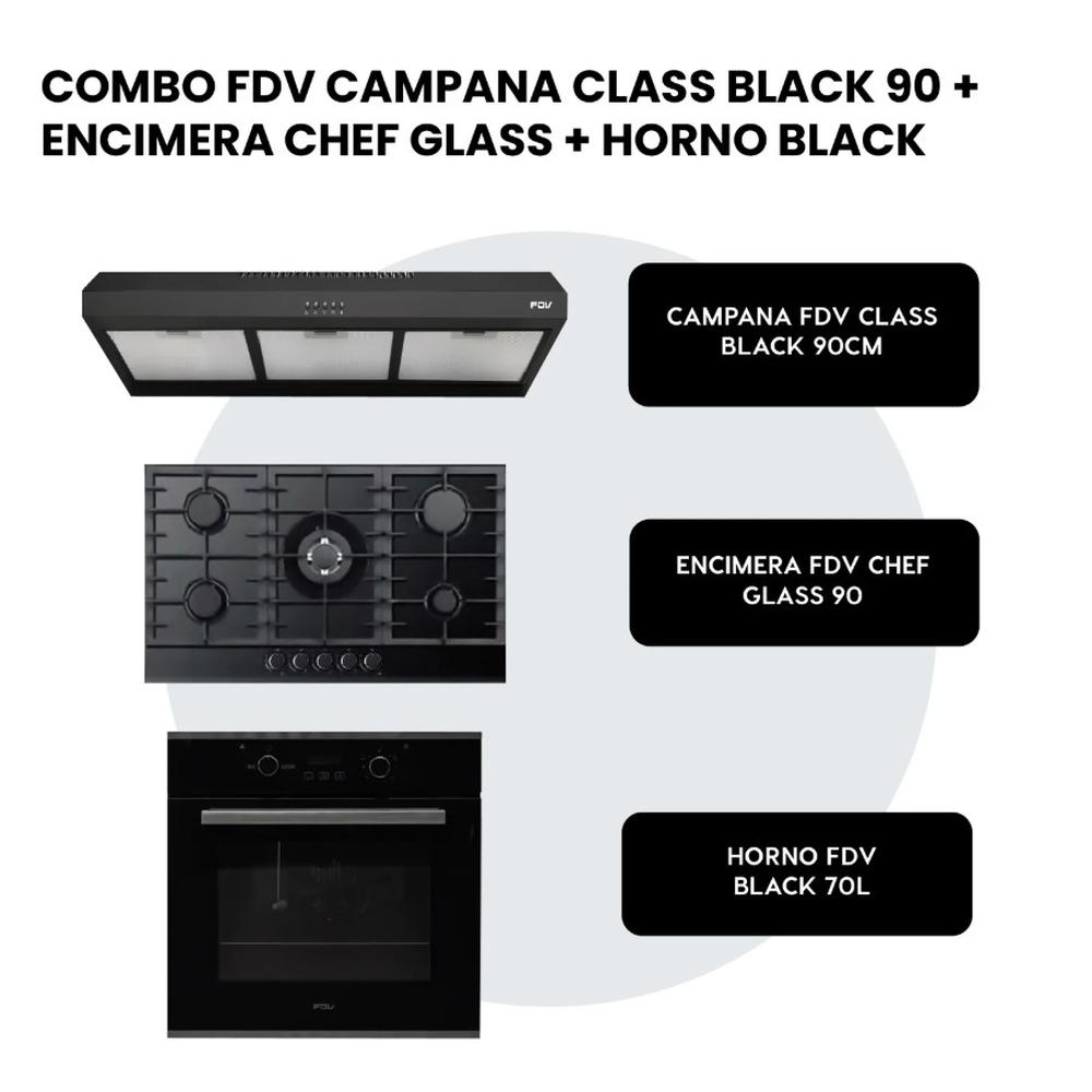 ENCIMERA A GAS NATURAL 90CM CHEF GLASS + HORNO A GAS NATURAL 70L BLACK + CAMPANA EXTRACTORA 90CM CLASS BLACK + CONEXIÓN