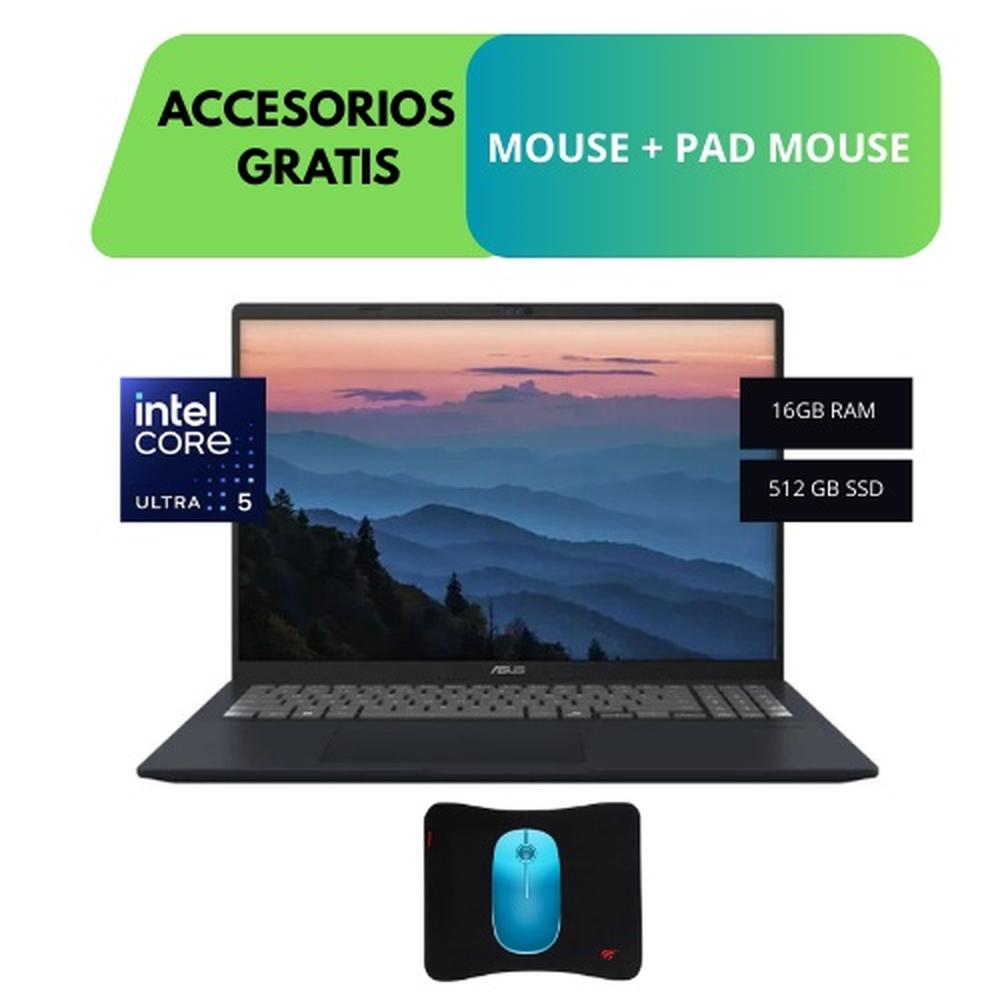 COMBO LAPTOP ASUS VIVOBOOK 16 X1607CA, 16 WUXGA, INTEL CORE ULTRA 5 225H HASTA 4.9 GHZ, 16GB RAM DDR5, 512 GB SSD, TECLADO EN ESPAÑOL, COLOR QUIET BLUE