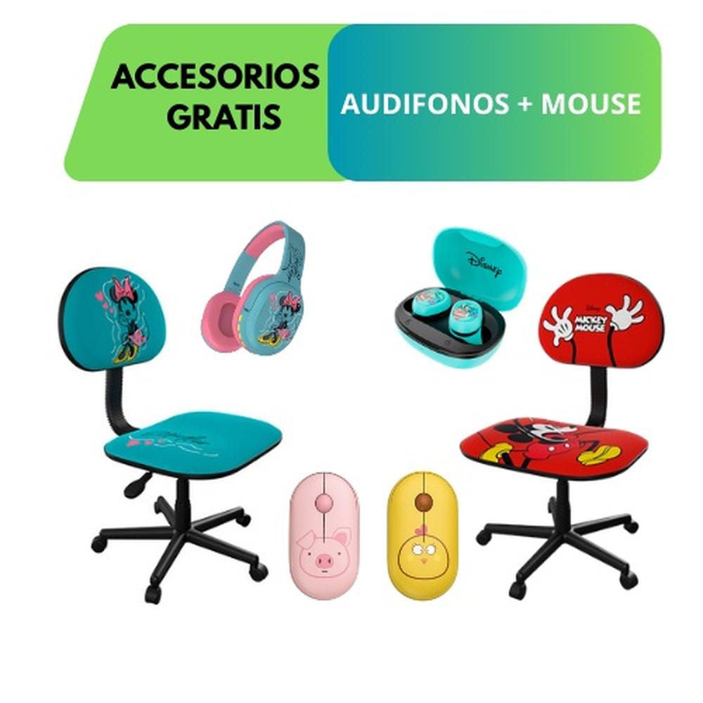 COMBO SILLA DE ESCRITORIO PARA NIÑOS MICKEY / MINNIE + AUDIFONOS INALAMBRICOS MICKEY / AUDIFONOS INALAMBRICOS STICH + MOUSE INALAMBRICO FIVE FARM CERDITO / MOUSE INALAMBRICO FIVE FARM POLLITO