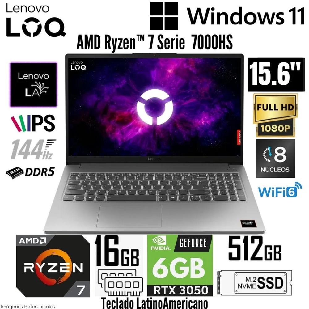 LAPTOP GAMER LENOVO LOQ 15ARP10E AMD RYZEN 7 7735HS (8N/16SUB) MEMORIA16GB DDR5-4800MHZ 512GB SSD 15.6"FHD 144HZ NVIDIA GEFORCE RTX 3050 6GB WINDOWS 11 HOME COLOR LUNA GREY
