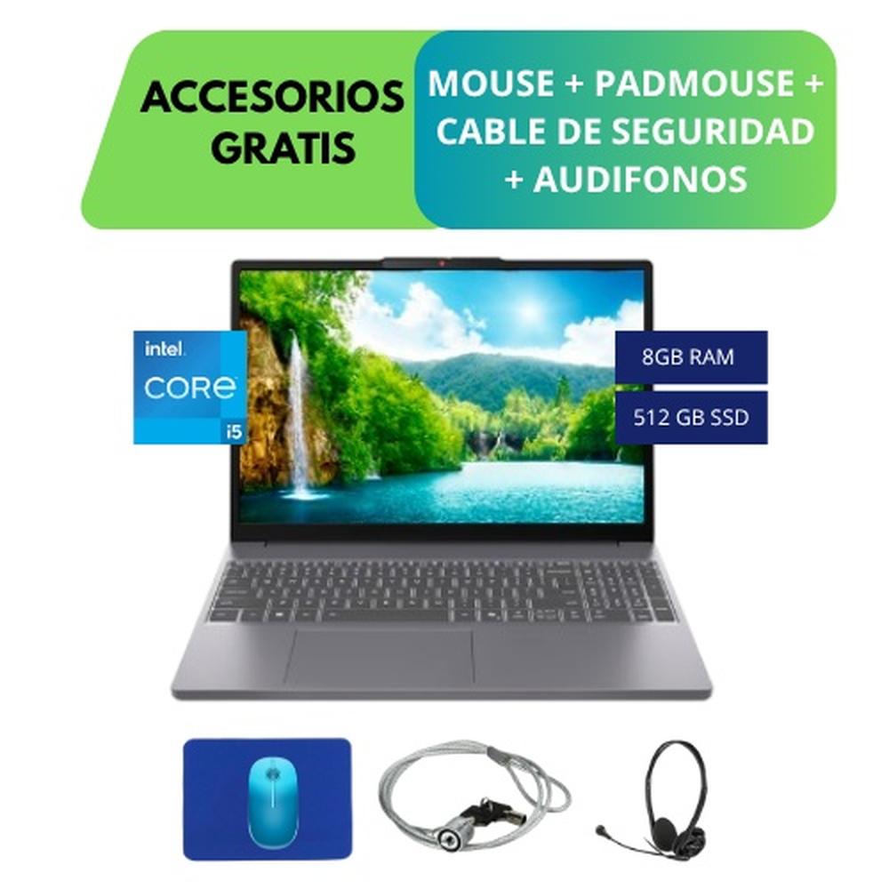 COMBO LAPTOP LENOVO IDEAPAD SLIM 3 15IRH10, 15,3 WUXGA, INTEL CORE I5-13420H HASTA 4.6GHZ, 8GB DDR5 4800MHZ, 512GB SSD, TECLADO EN ESPAÑOL, COLOR GRIS + ACCESORIOS GRATIS (MOCHILA, MOUSE Y PADMOUSE)