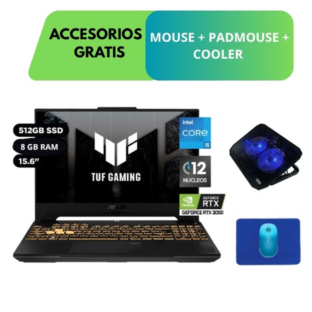 COMBO LAPTOP ASUS TUF F15, CORE I5-12500H, 8GB RAM, 512GB SSD Y TARJETA RTX 3050(6 GB) + ACCESORIOS