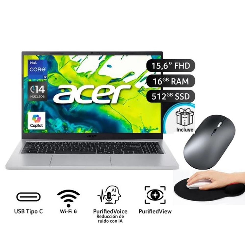 LAPTOP ACER ASPIRE GO 15 15.6" FHD INTEL CORE I9-13900H 16GB RAM 512GB SSD  + MOUSE INALAMBRICO Y PAD DE REGALO