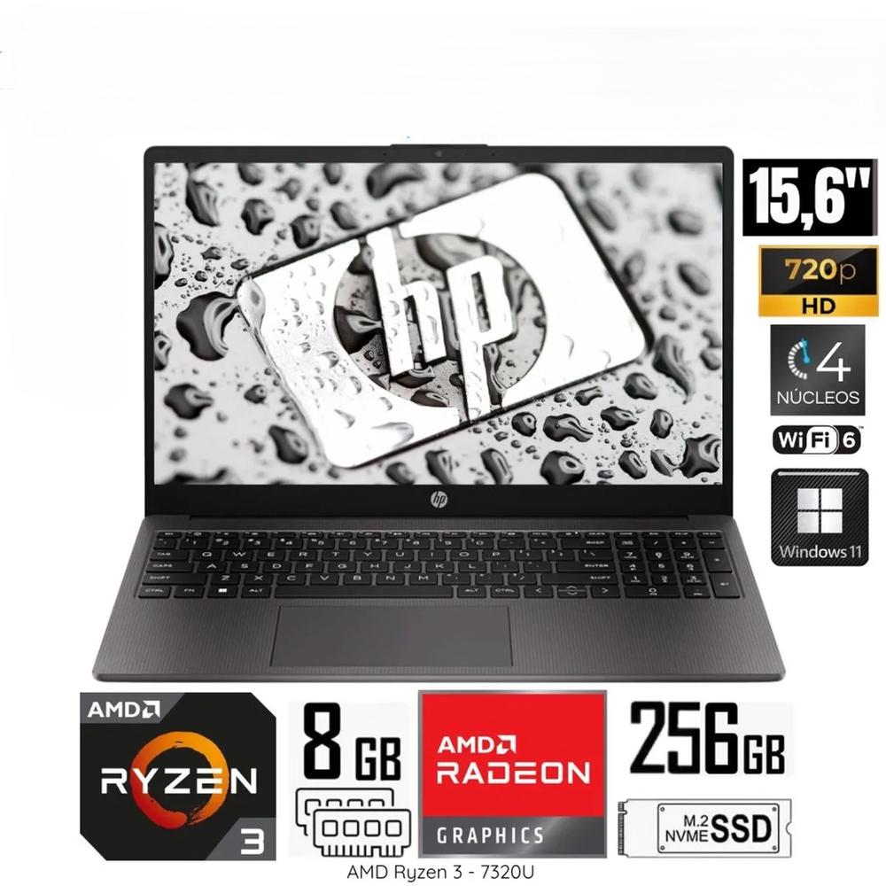 LAPTOP HP NOTEBOOK 255G10 15.6" HD, AMD RYZEN 3 7320U(4N/8SUB), 8GB -LPDDR5, 256GB SSD, WINDOWS 11, COLOR: GRIS, WIFI6.