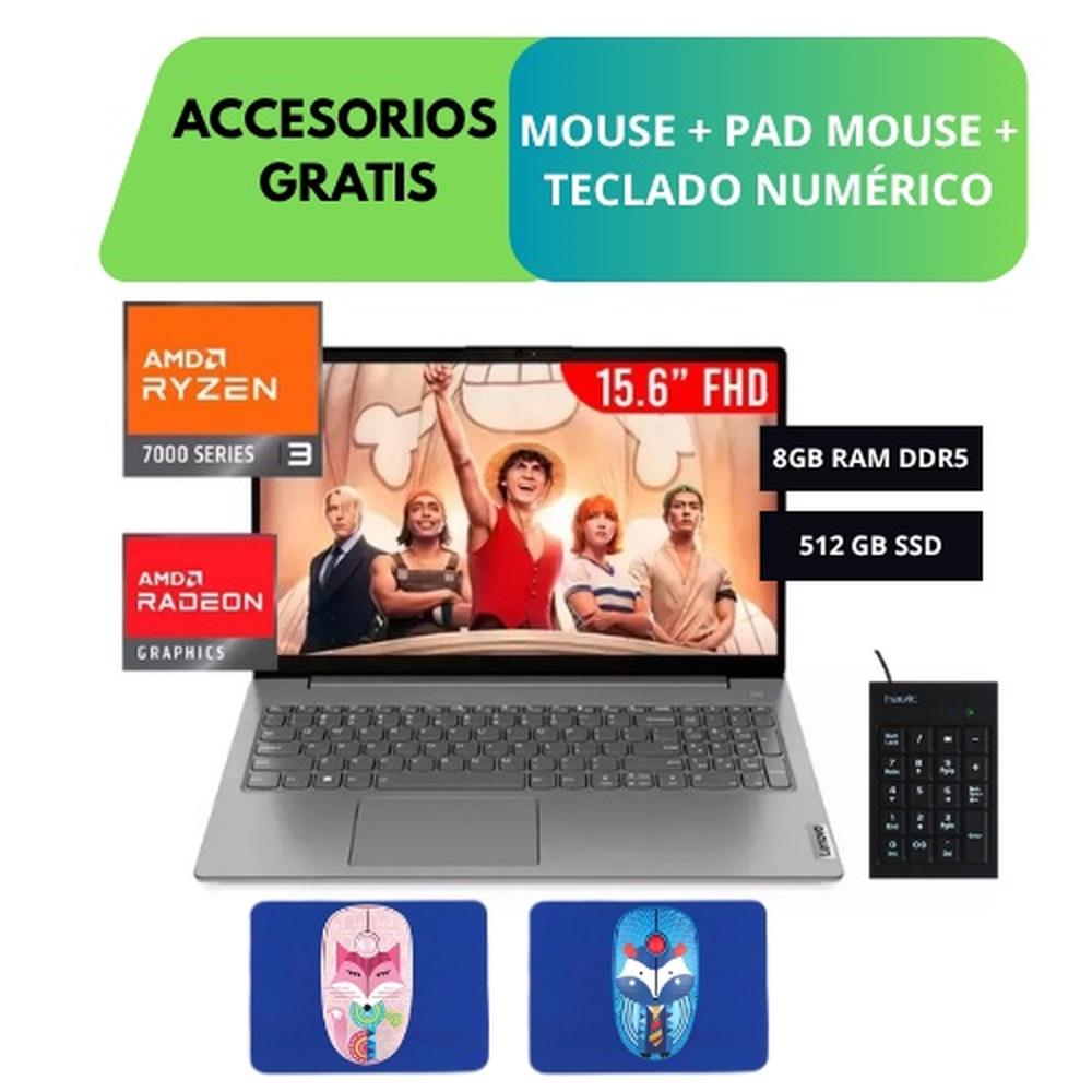 COMBO LAPTOP LENOVO V15 G4 AMN, 15.6 FHD, AMD RYZEN 3-7320U HASTA 4.1GHZ, 8GB DDR5 4800 MHZ, 512 GB SSD, TECLADO EN ESPAÑOL,  ARTIC GRAY + ACCESORIOS GRATIS (MOUSE, PADMOUSE Y TECLADO NUMÉRICO)