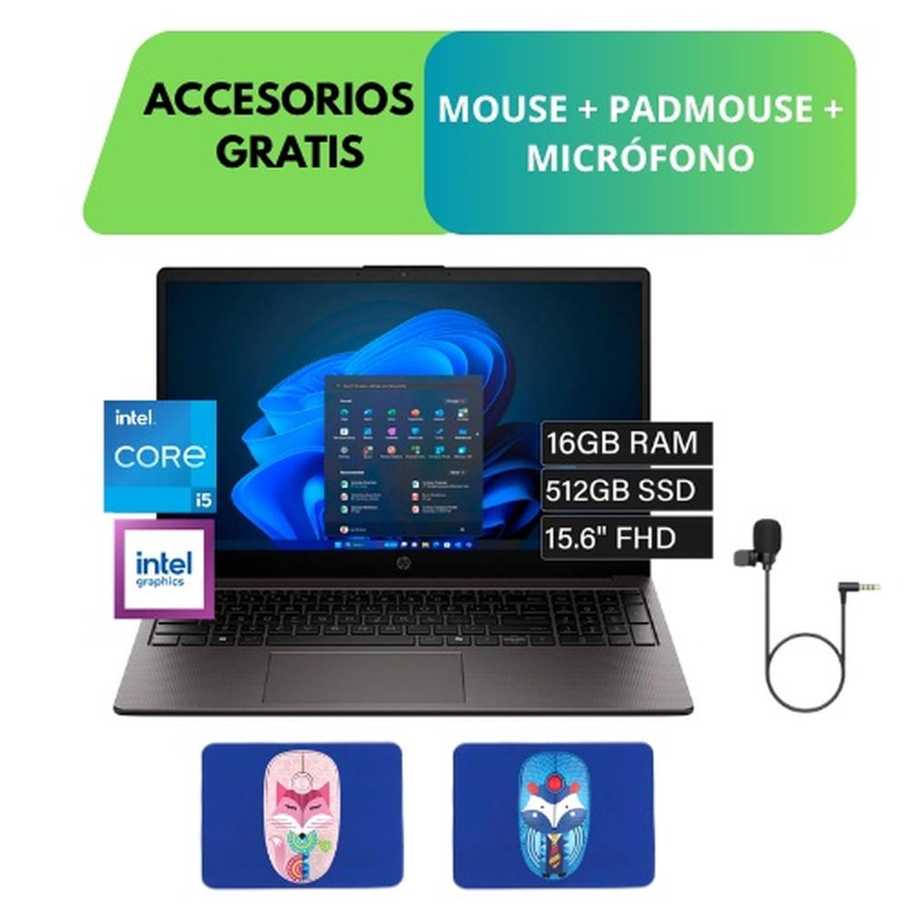COMBO LAPTOP HP 250R G10, INTEL CORE I5-120U HASTA 5.4 GHZ, 16GB RAM, 512GB SSD + ACCESORIOS (MOUSE, PADMOUSE Y MICRÓFONO)