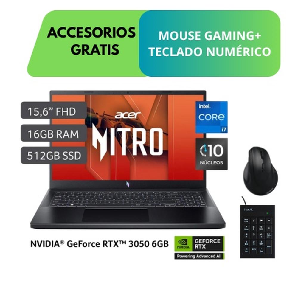 LAPTOP ACER NITRO 5 ANV15-52-71JV, I7-13620H, 16GB RAM, 512GB SSD Y TARJETA RTX 3050 + ACCESORIOS