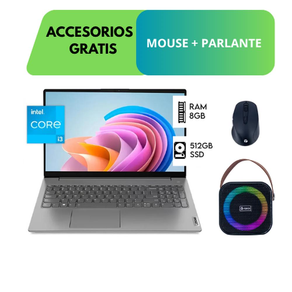 COMBO LAPTOP LENOVO V15 G5 IRL, 15.6 FHD, INTEL CORE I3-1315U HASTA 4.5GHZ , 8GB DDR5 5200MHZ, 512GB SSD, TECLADO EN ESPAÑOL, LUNA GREY + ACCESORIOS GRATIS