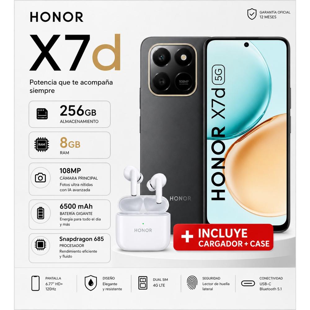 CELULAR HONOR X7D 8GB+256GB NEGRO TERCIOPELO DUAL CARD + HONOR CHOICE EARBUDS X7 LITE