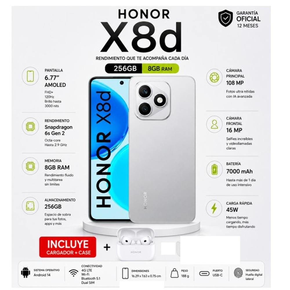 CELULAR HONOR X8D 8GB+256GB GRIS TERCIOPELO + HONOR CHOICE EARBUDS X7 LITE