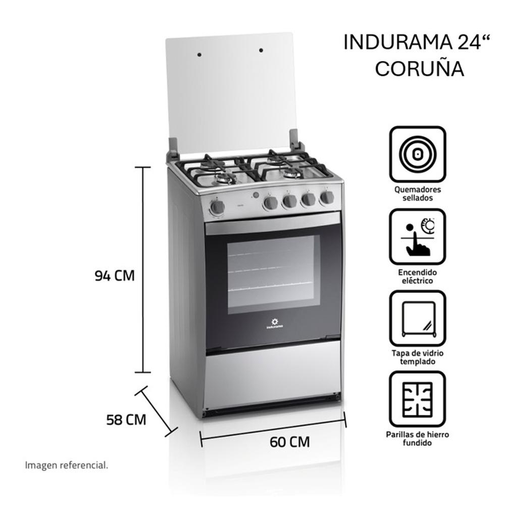 COCINA INDURAMA 24" CORUÑA 4 HORNILLAS HIERRO + INSTALACIÓN