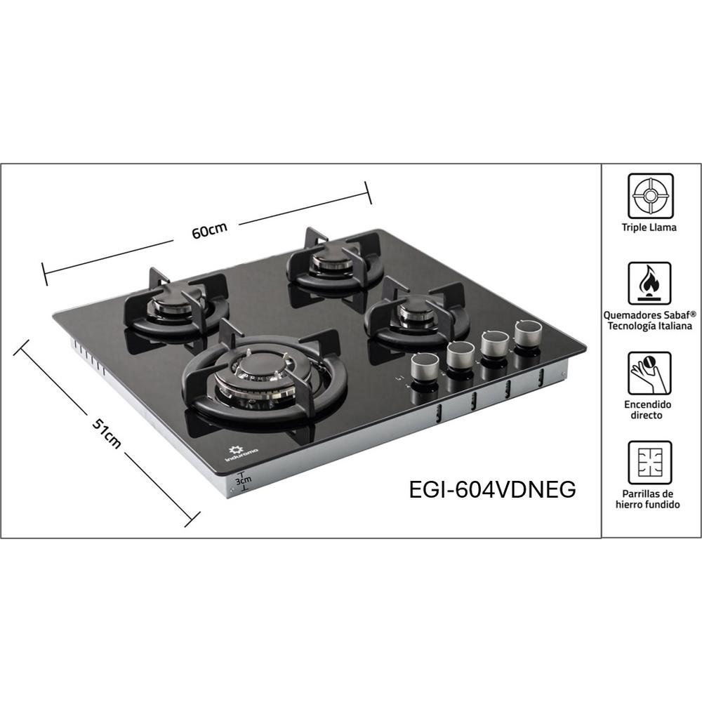COCINA A GAS EMPOTRABLE INDURAMA 4 HORNILLAS (60 CM) VIDRIO TEMPLADO NEGRO  EGI-604VDNEG