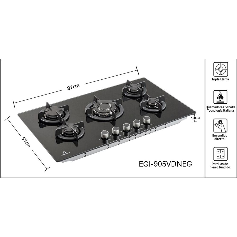 COCINA A GAS EMPOTRABLE INDURAMA 5 HORNILLAS (90 CM) VIDRIO TEMPLADO NEGRO  EGI-905VDNEG