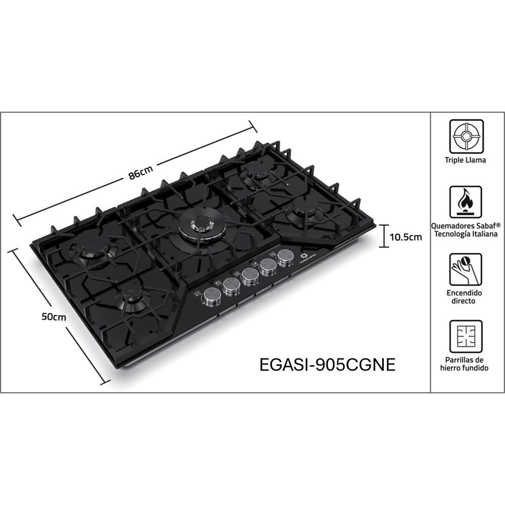 COCINA A GAS EMPOTRABLE INDURAMA 5 HORNILLAS (90 CM) VIDRIO TEMPLADO NEGRO, 5 QUEMADORES SABAF  EGASI-905CGNE