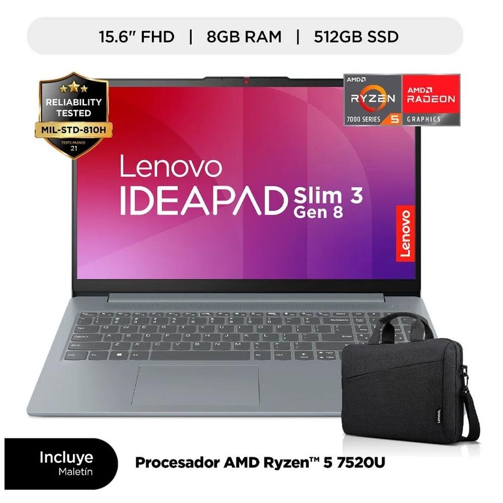 LAPTOP LENOVO IDEAPAD SLIM 3 AMD RYZEN5 7520U 2.8/4.3GHZ,  8GB, 512GB DDR5 SSD, 15.6" FHD, WINDOWS 11, COLOR: ARCTIC GREY
