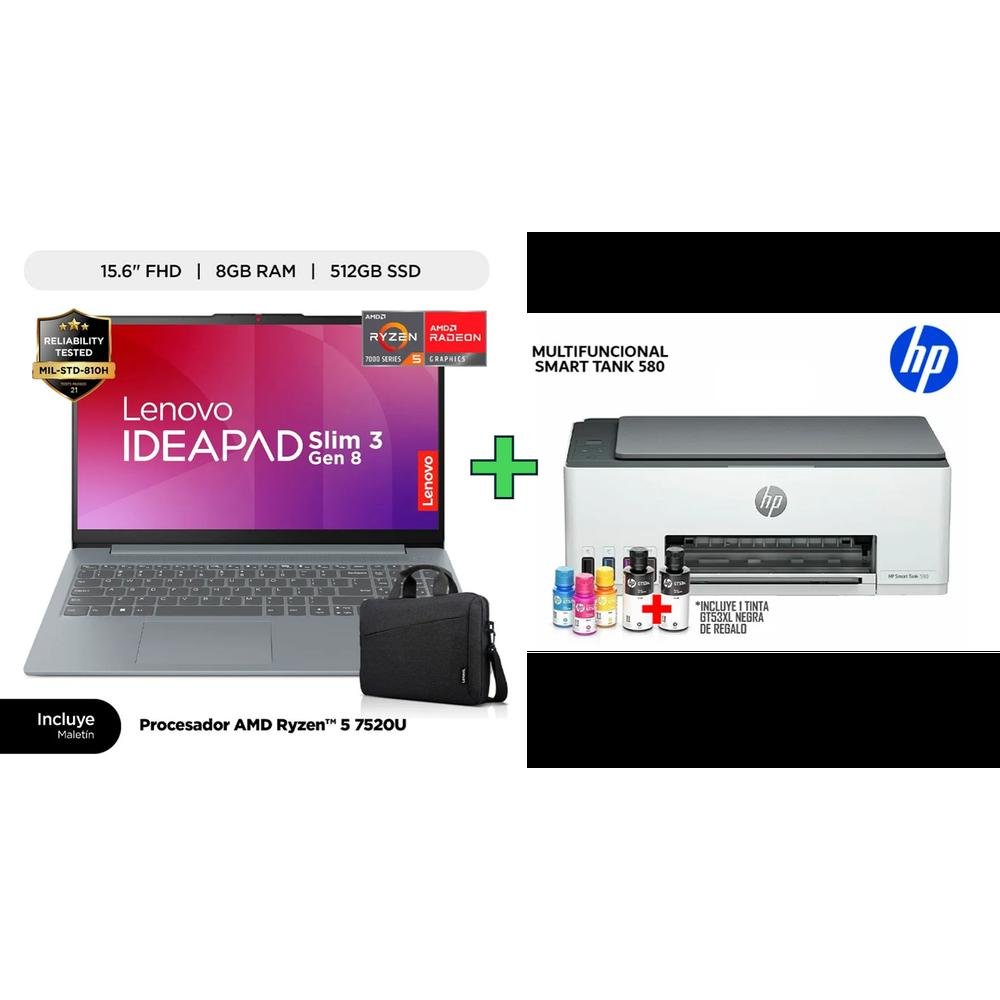 LAPTOP LENOVO IDEAPAD SLIM 3 AMD RYZEN5 7520U 2.8/4.3GHZ,  8GB, 512GB DDR5 SSD, 15.6" FHD, WINDOWS 11, COLOR: ARCTIC GREY +  IMPRESORA MULTIFUNCIONAL HP SMART TANK 580 TINTA CONTINUA, COLOR, WI-FI, SMART APP, ESCANER