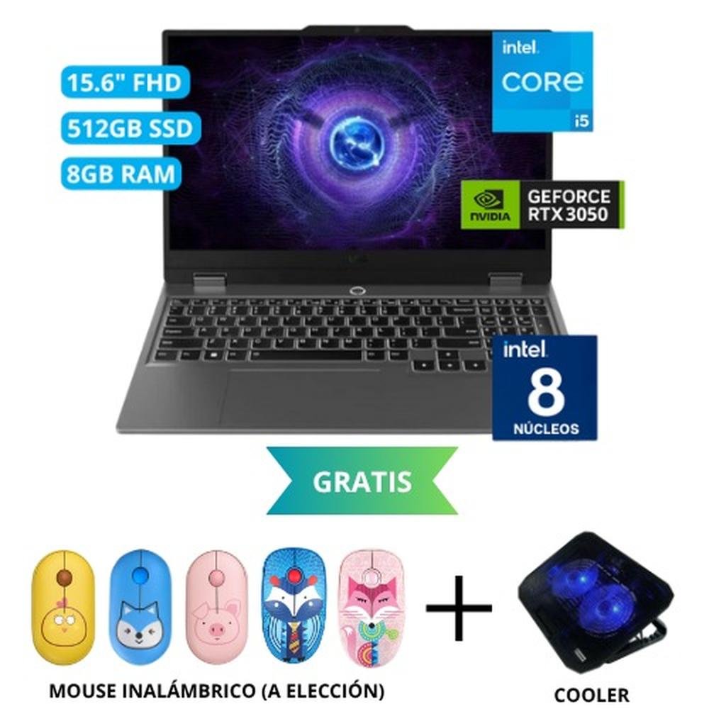 LAPTOP LENOVO LOQ 15IAX9, 15.6 FHD IPS, INTEL CORE I5-12450HX, RAM 8GB DDR5, 512 GB SSD, TARJETA DE VIDEO RTX 3050 6GB, COLOR GRIS + ACCESORIOS GRATIS
