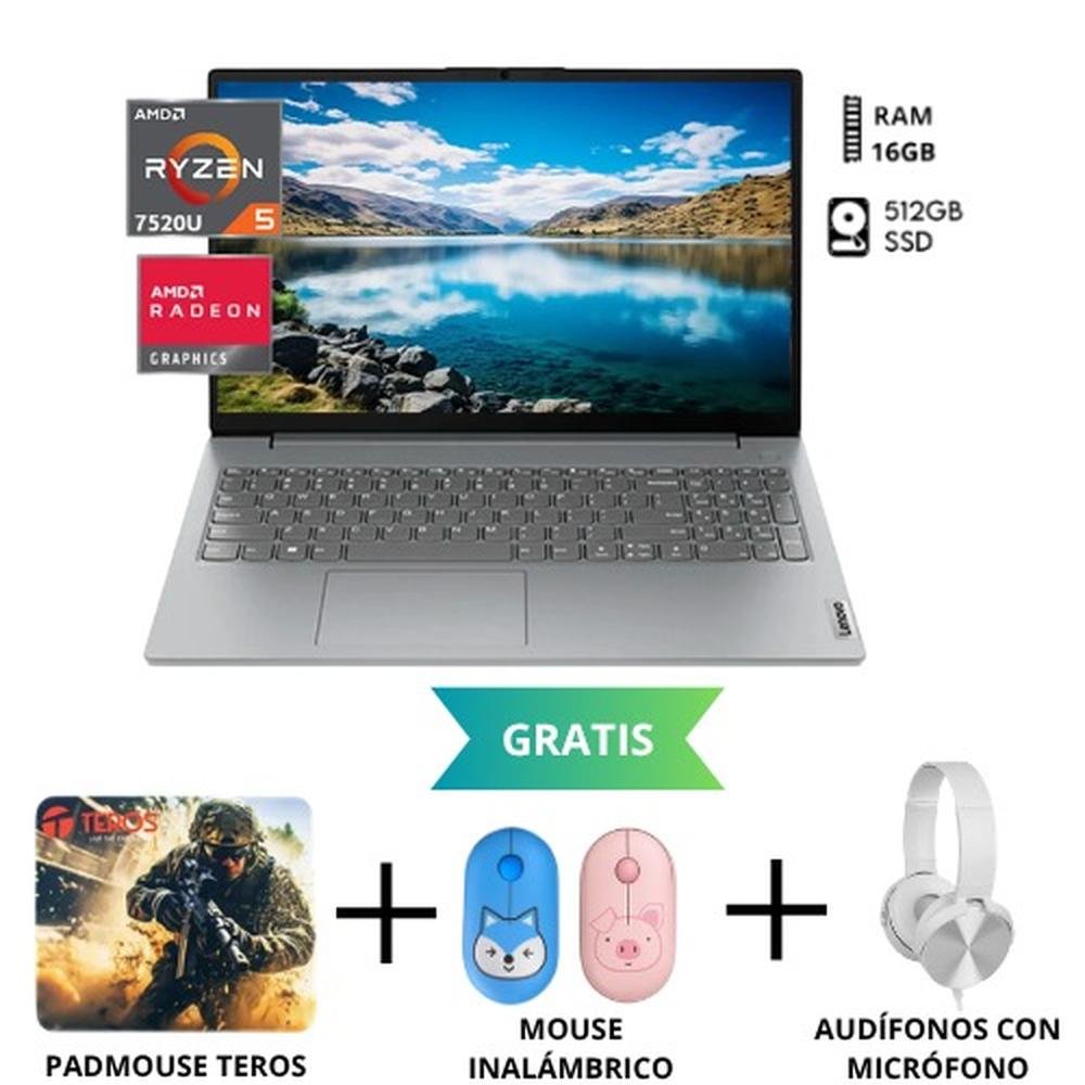 LAPTOP LENOVO V15 G4 AMN, 15.6 FHD TN, RYZEN 5-7520U HASTA 4.3GHz, RAM 16GB DDR5 , 512 GB SSD, TECLADO EN ESPAÑOL, COLOR GRIS + ACCESORIOS GRATIS