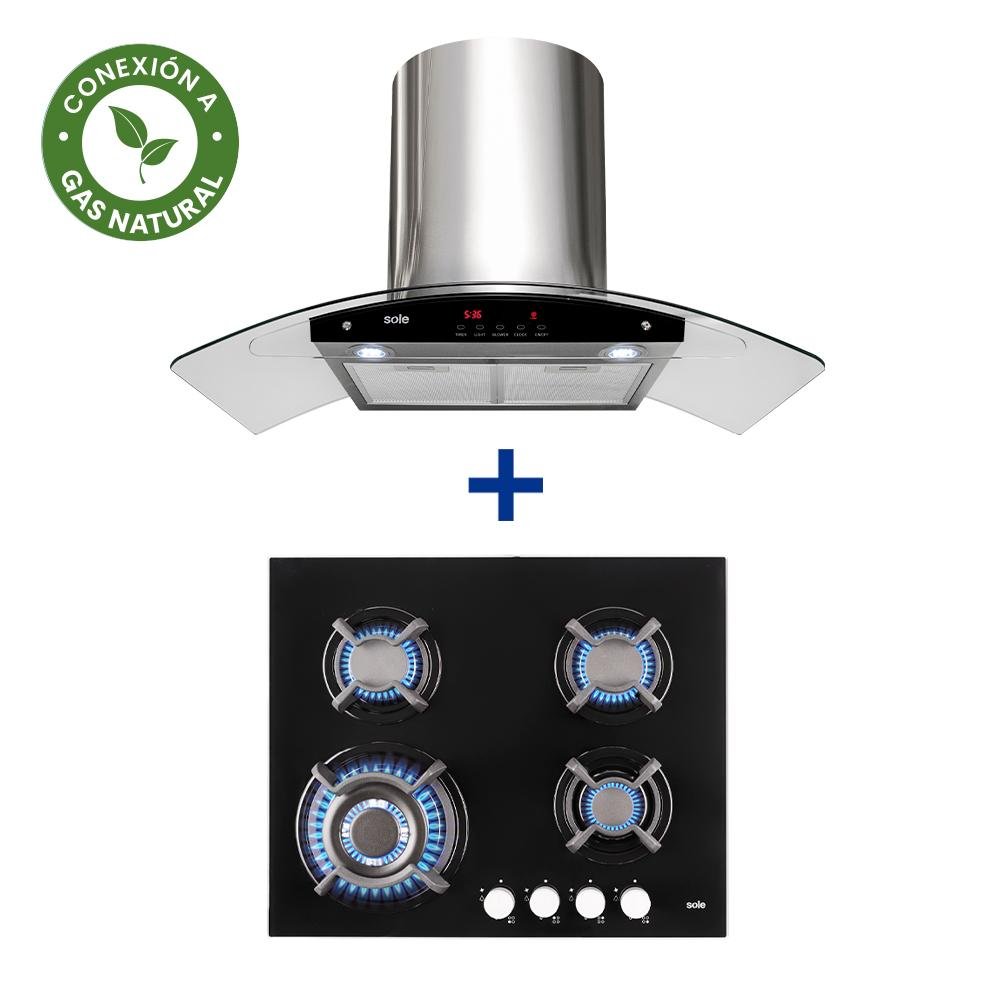COCINA EMPOTRABLE SOLE 4Q VIDRIO SOLCO034GN + CONEXIÓN + CAMPANA SOLE DECORATIVA VENUS PLUS 90